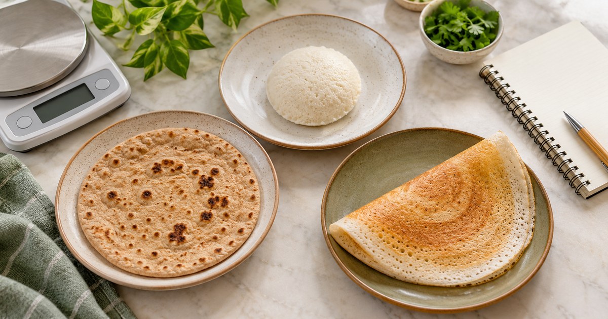 One wheat roti, an idli and a plain dosa on separate plates beside a kitchen scale and notebook.