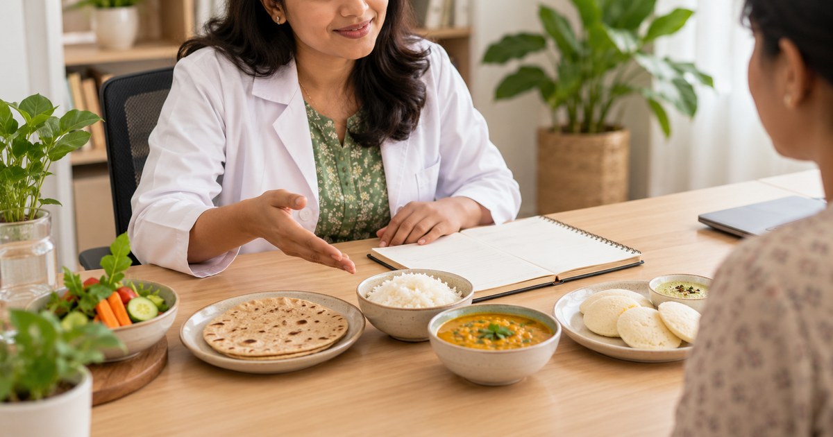 Dietitian discussing roti, rice, dal and idli portions with a client beside a food diary.