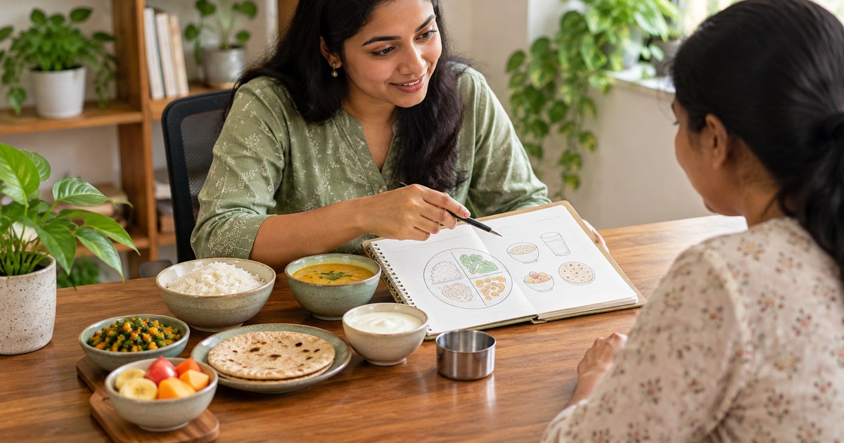 Dietitian discussing a portion worksheet beside roti, dal, curd and fruit on an Indian consultation desk.