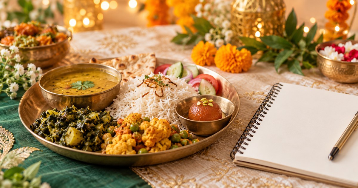 An Indian wedding meal beside a blank pocket food diary, with marigolds and warm celebration lights in the background.